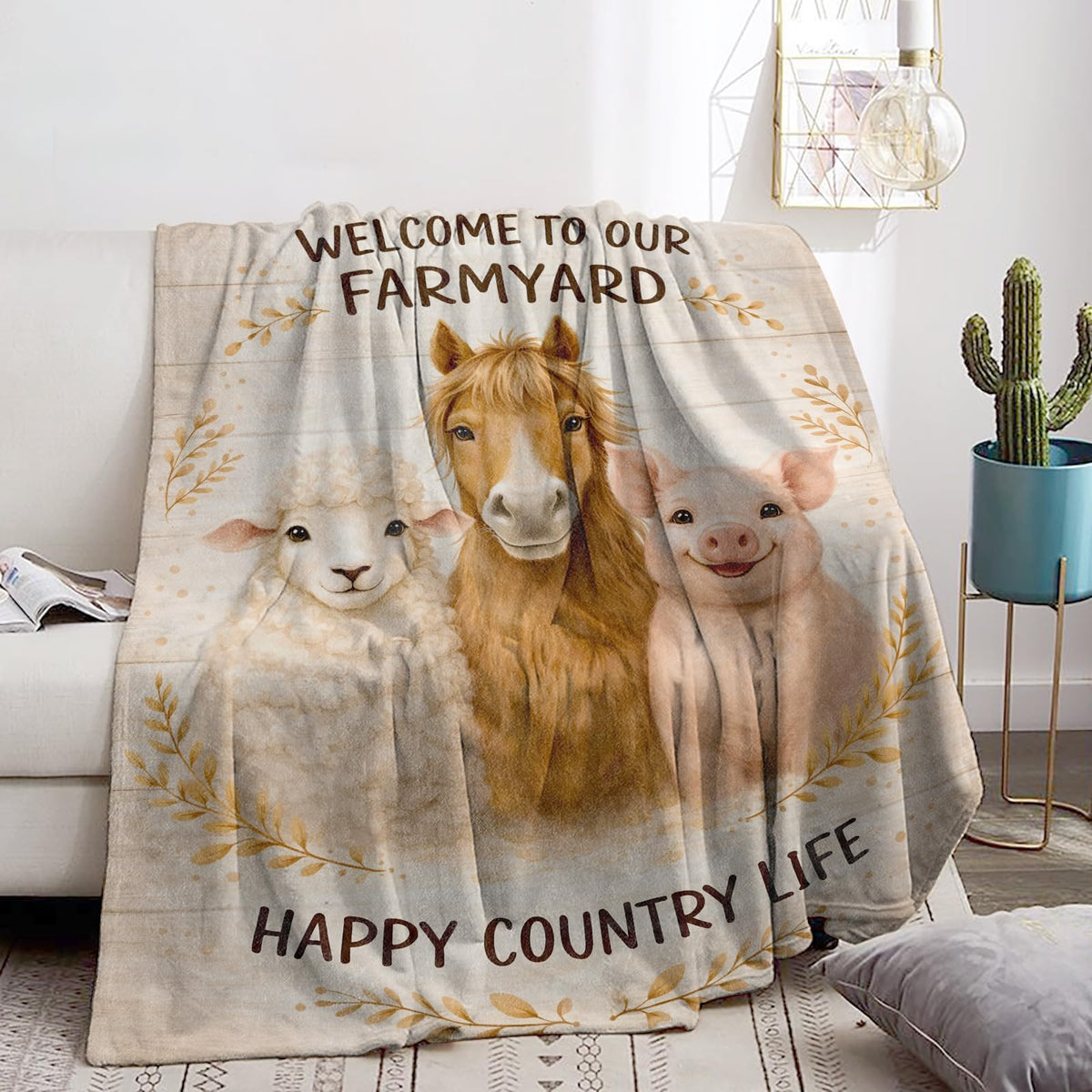 Cute Horse Pig Sheep Farmyard Blanket Soft Cozy Farm Animal Flannel Throw Blanket, Gifts for Kids Boys Girls, Warm Yet Lightweight Blankets for Travel, Couch, Bed, Rustic Decor Comfort Wrap 60"×50"
