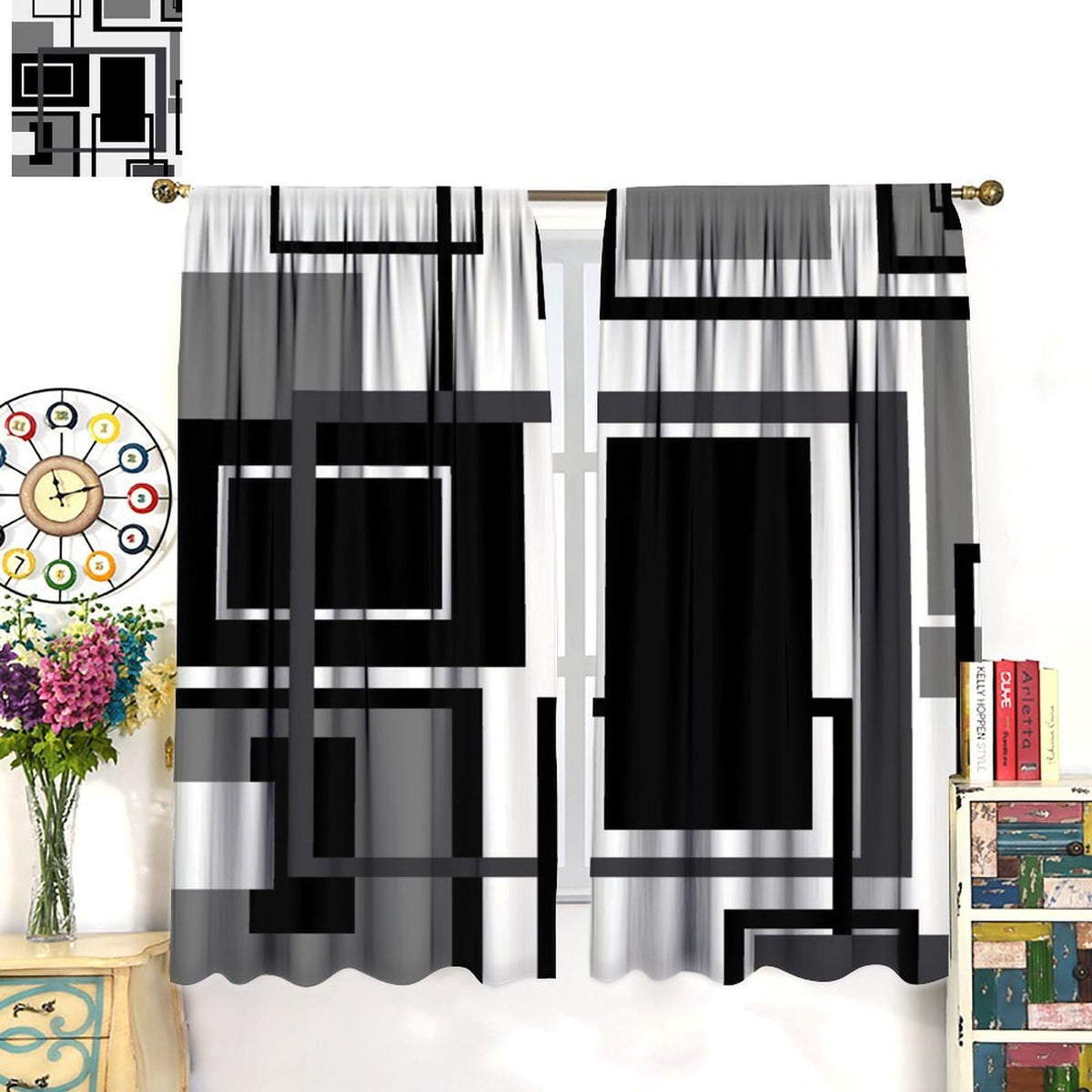 Black and White Curtains Modern Geometric Gray Abstract Black and Grey Blackout Rod Pocket Curtains for Bedroom Living Room Kitchen Decor Thermal Insulated Window Drapes 2 Panel Set 42x45 Inch