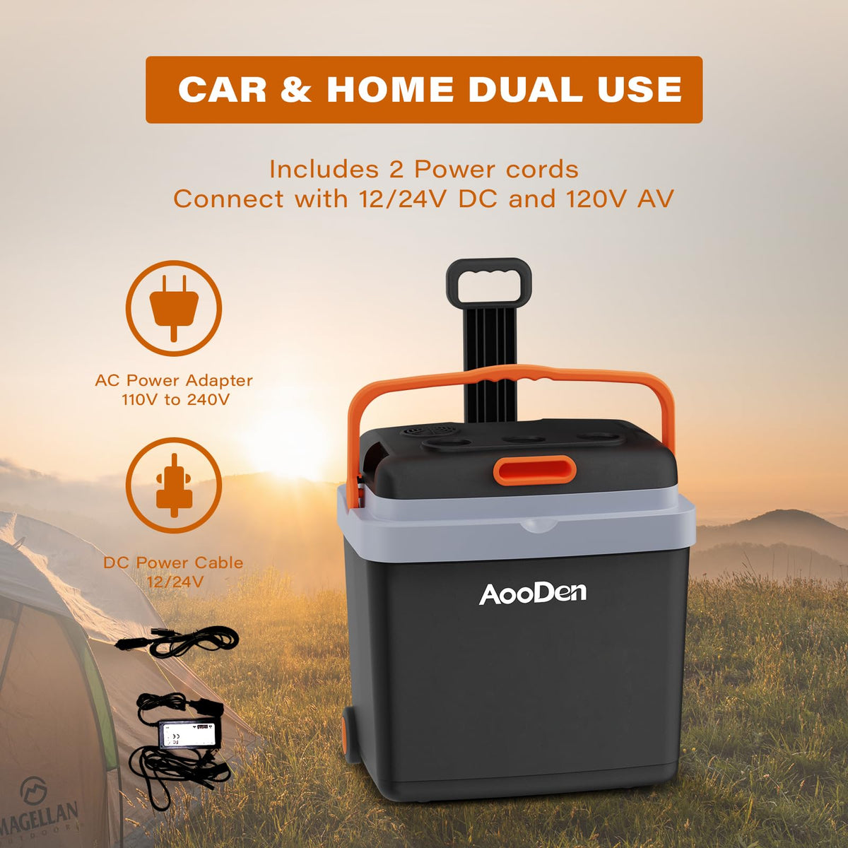 AooDen Electric Car Cooler and Warmer 35 Quart(33 Liter) Capacity with Draw bar and Wheels, Thermoelectric Iceless Cooler for Travel, Camping, Vehicles, Truck, Home - 12V DC and 120V AC