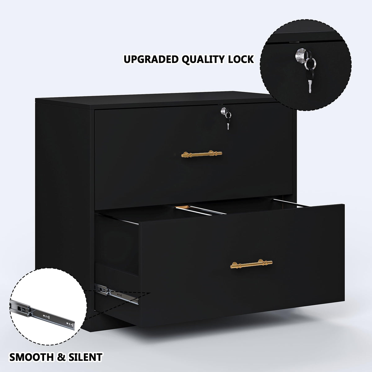 GFGWXW 2 Drawer Lateral File Cabinet with Lock, Suitable for Letter/A4/F4/Legal Size Hanging Files,Large Wood Filing Storage Cabinets Printer Stand for Home Office,Black