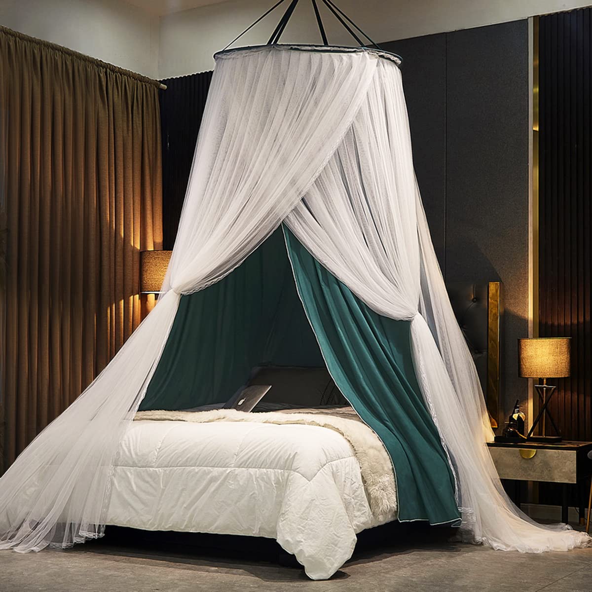 Kertnic Luxurious Bed Canopy for Girls & Adults - Double Layer Princess Canopy with Lace, Round Dome Mosquito Netting for Queen/King Bed Tent (Peacock Blue)