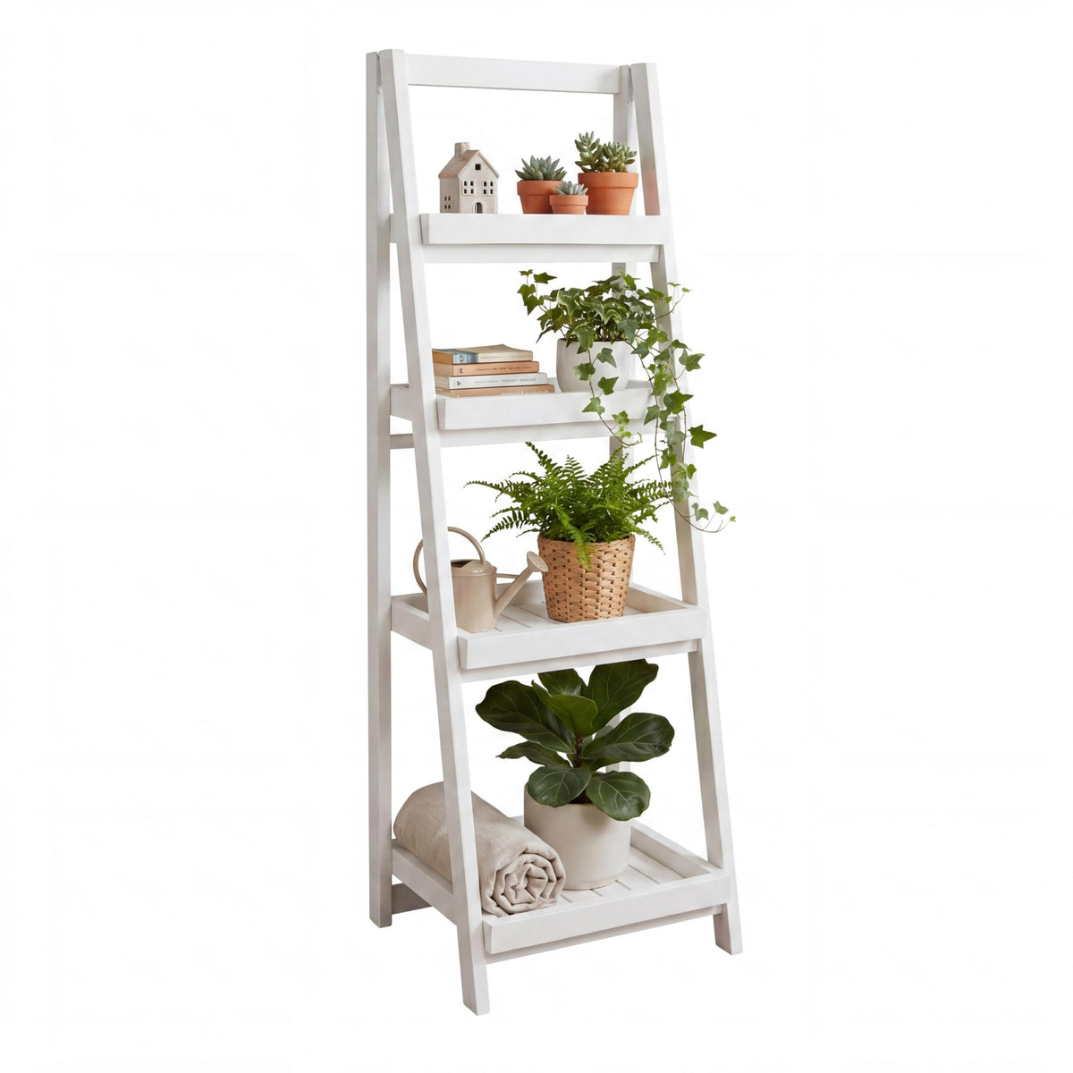 happimess SHF2008W Everett 48 in. H Minimalist Handcrafted Acacia Wood 4-Tier Indoor/Outdoor Folding Display Ladder Storage Rack and Plant Stand, White