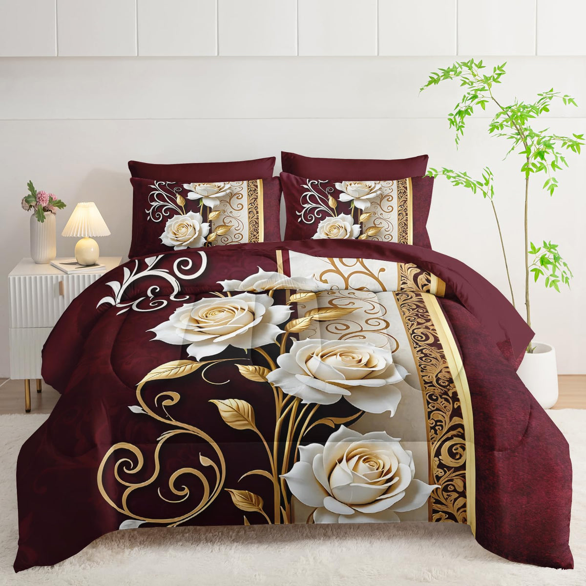 lneffble Red and White Floral Comforter Set Queen Size 7 Piece，Rose Queen Bedding Set，(1 Comforter, 1 Flat Sheet, 1 Fitted Sheet, 2 Pillowcase and 2 Pillow Sham)，White Rose Bedroom Decor