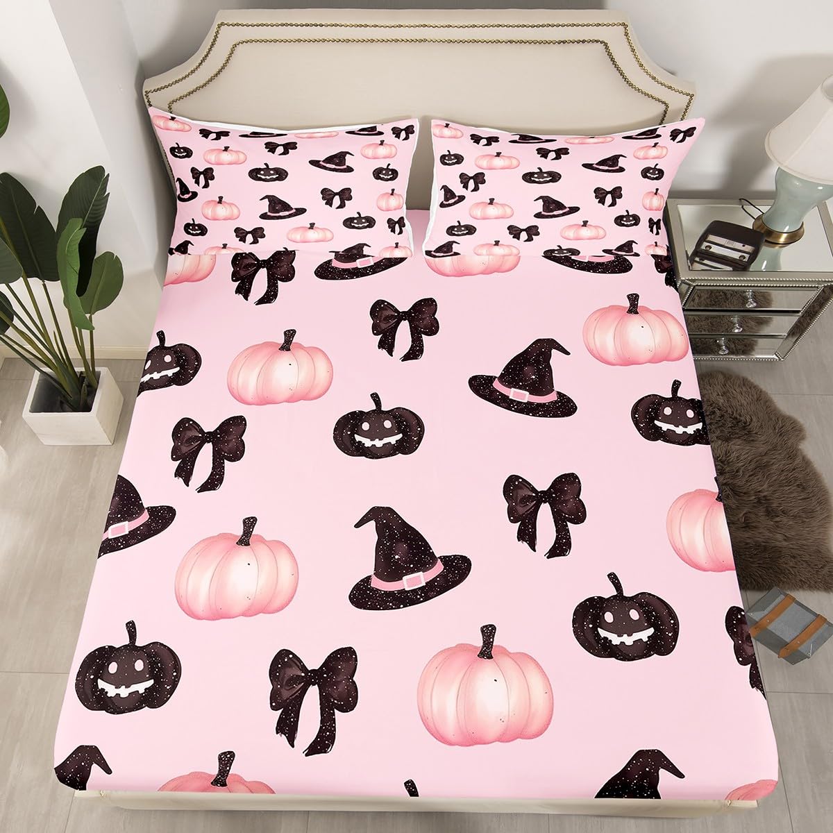 Feelyou Pink Halloween Fitted Sheet Full Size for Kids Boys Girls Black Bowknot Bed Sheets Set 16" Deep Pocket Microfiber Halloween Decor Bedding with 2 Pillowcases Trick or Treat Room Decor