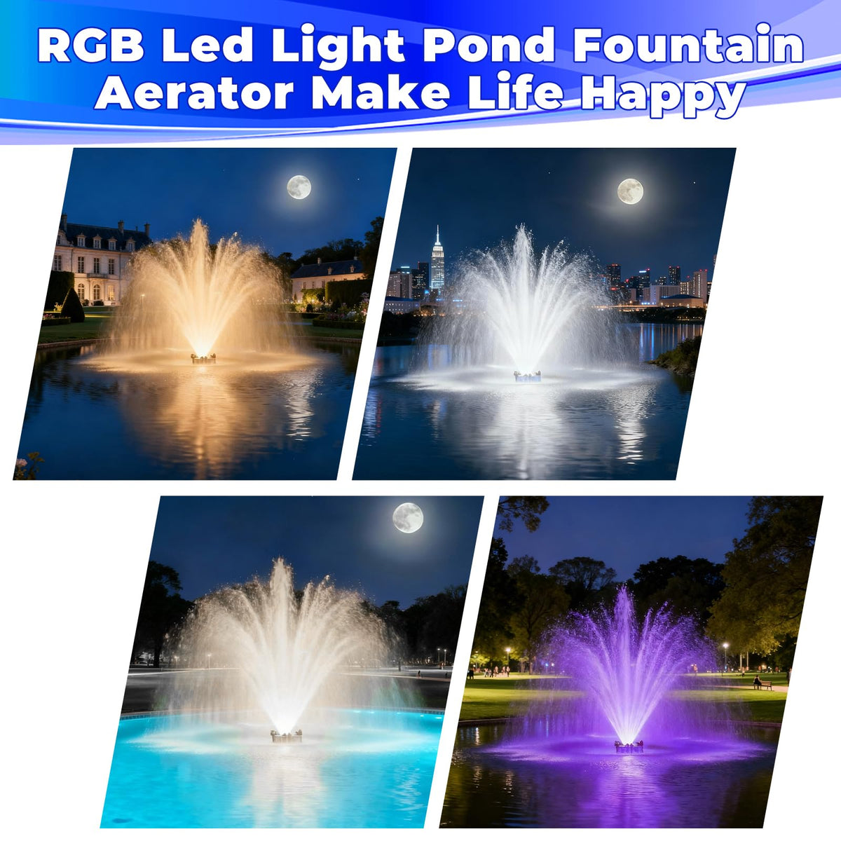 Pond Fountain Aerator with Led Lights RGB-15000 GPH,110V 1HP 750W Floating Fountain Aeration for Large Ponds,Aerating Fountain Pump for Outdoor Ponds & Lakes with 15A/100FT Power Cord