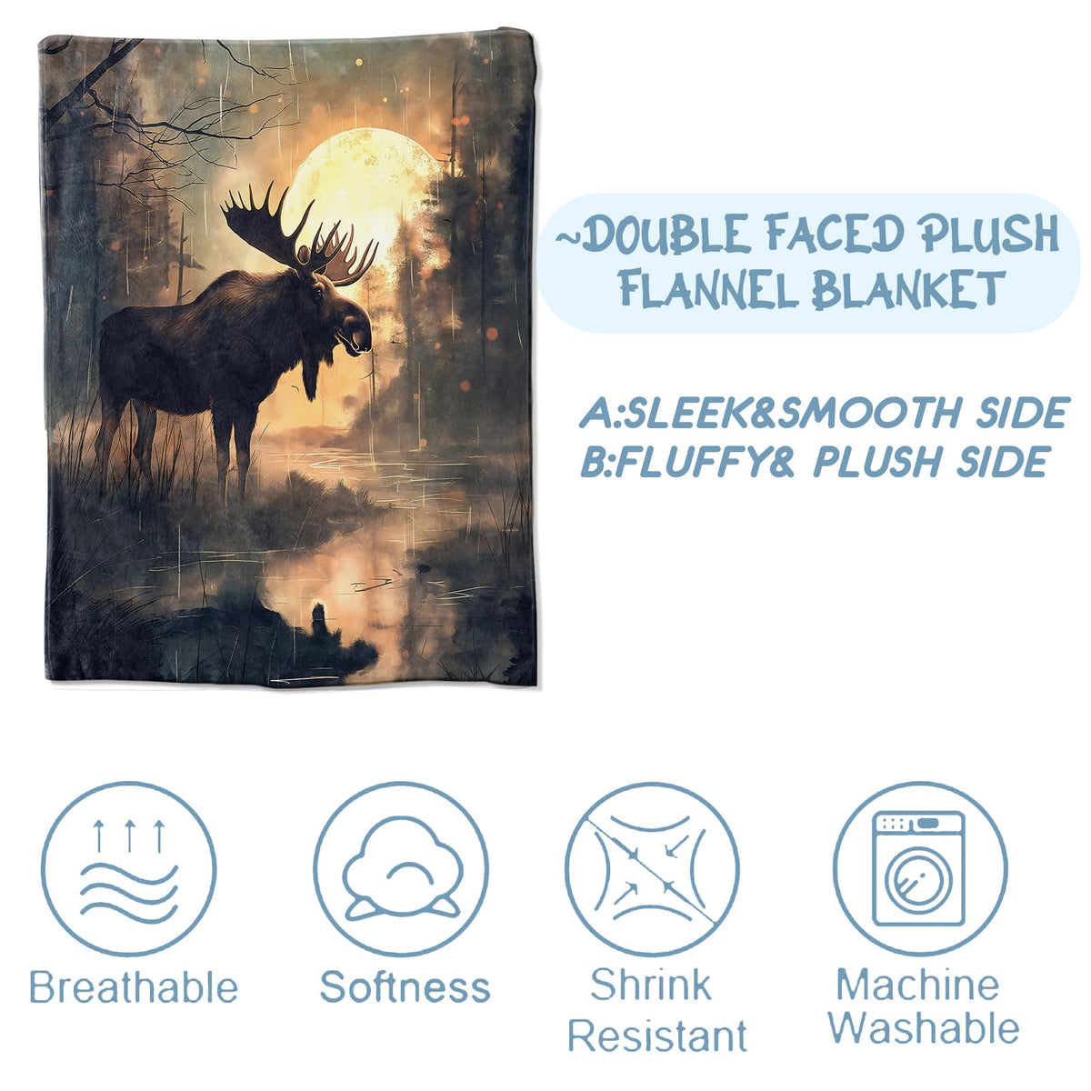 Zeleda Moose Blanket,Gifts for Nature Lovers,Lightweight Flannel Throw Blankets,Majestic Wildlife in Mystical Forest Throws Home Decor,for Couch Living Room Office,60x50inch