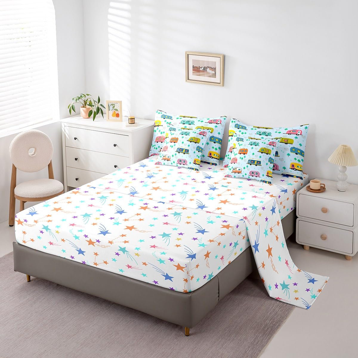 Erosebridal Travel RV Comforter Set Twin Size,Happy Camping Bedding Set for Kids Teens,Cartoon Trees (Comforter+Fitted+Flat Sheet+2 Pillowcases+2 Throw Pillow Covers) 7 Pieces Bed Set