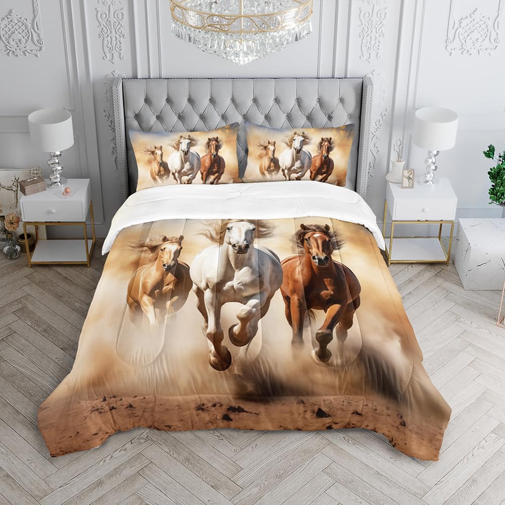 XYNHML Kid Galloping Horse Comforter Set Full Animal Theme Handsome Horse Bedding Set Wild Animal Grey Sky Sand Decor Quilt Bed Set for Boys Girls Adult, 1 Comforter + 2 Pillowcases