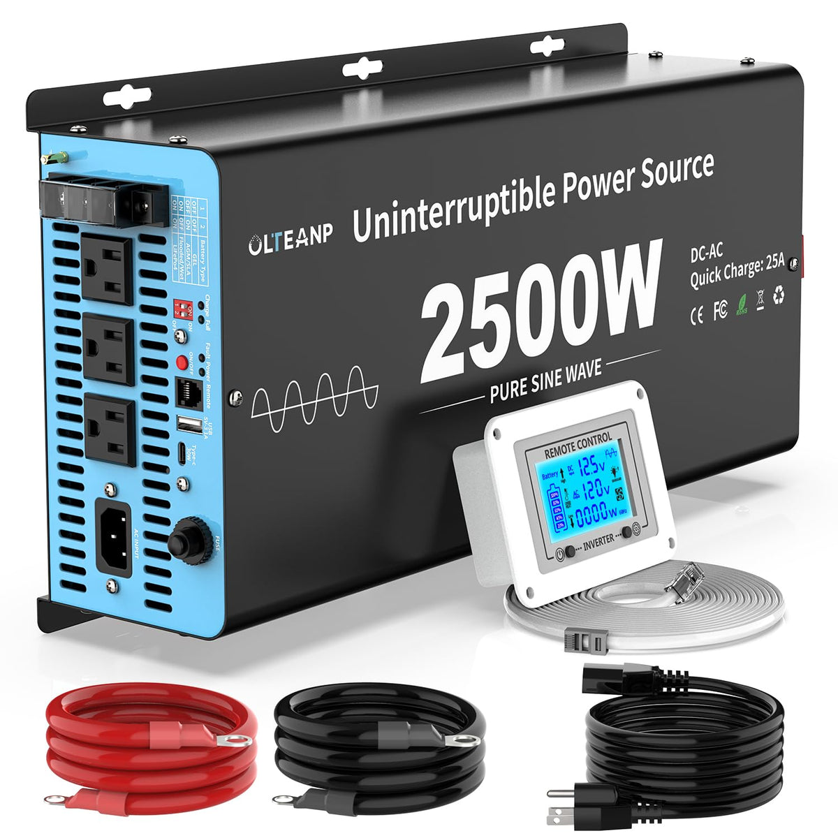 2500W Sump Pump Battery Backup System, Pure Sine Wave Inverter Charger with 25A Fast Charging, Auto Transfer Switch for Basement Flood Protection During Outages, LCD Remote, 12V Deep Cycle Compatible