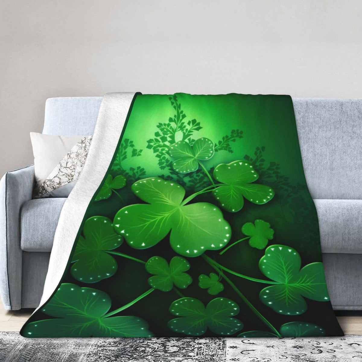 Dewoofly Green Clover Leaves Washable Fleece Throw Blankets, Saint Patricks Day Blanket for Bed Couch Sofa, All Seasons Home Camper Travel 60"x50"