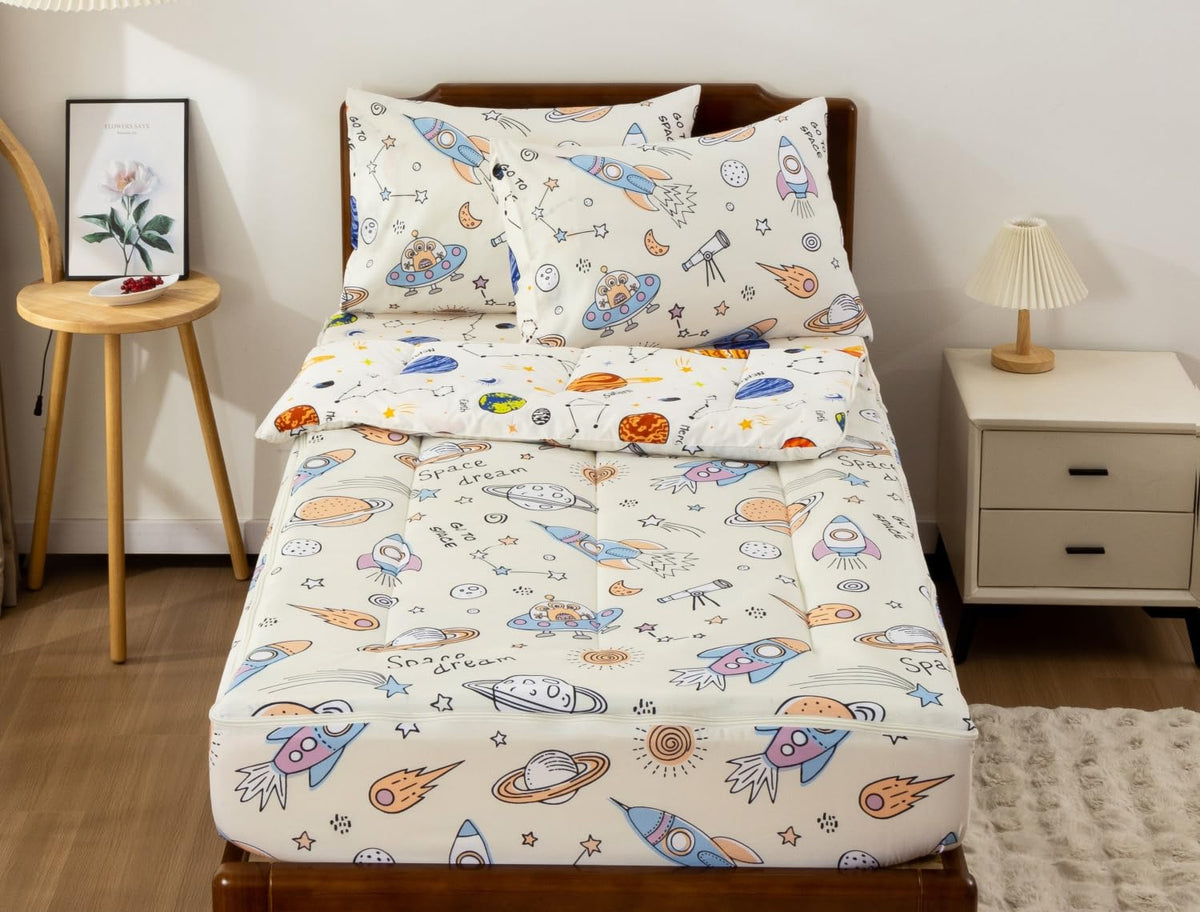 Meeting Story 3pcs Kids Comforter Set Zipper Bedding Set,Twin Space Bedding Set Comforter Set for Kid,All in one Zipper Bedding（Beige,Twin）
