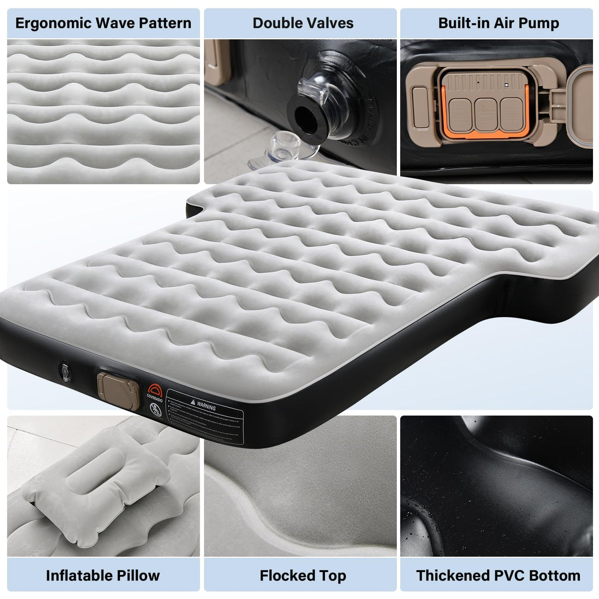 Coverado SUV Air Mattress, Thickened Flocked-Top Car Air Mattress with Wireless Built-in Pump, Pillows, Patch Kit & Carry Bag, Quick&Easy Set Up, SUV Mattress Camping Bed Universal fit for Most Cars