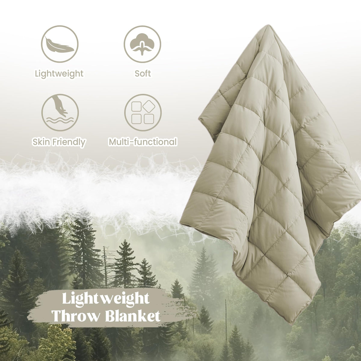 puredown® Soft Feather Down Throw Blanket Lightweight Packable Couch Throw for Indoor and Outdoor Use, Throw 50"X70", Beige