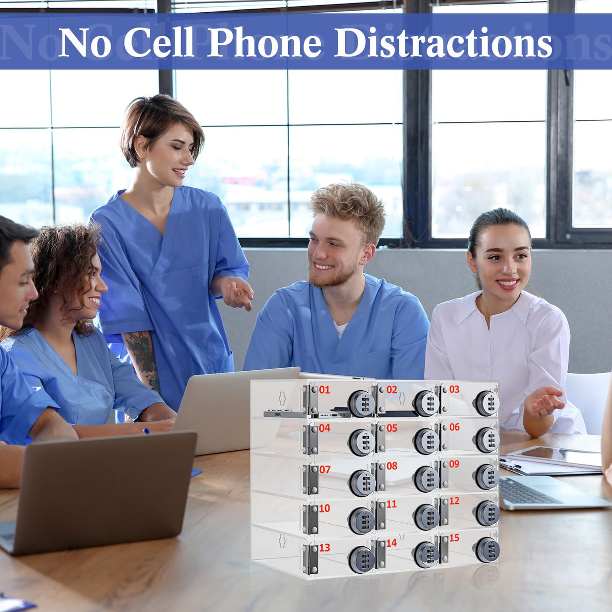Reallnaive 15 Slots Cell Phone Locker with Combination Lock, Cell Phone Storage for Classroom, Clear Acrylic Storage Cabinet Bin, Wall Mounted for School Students Office Factory Employees