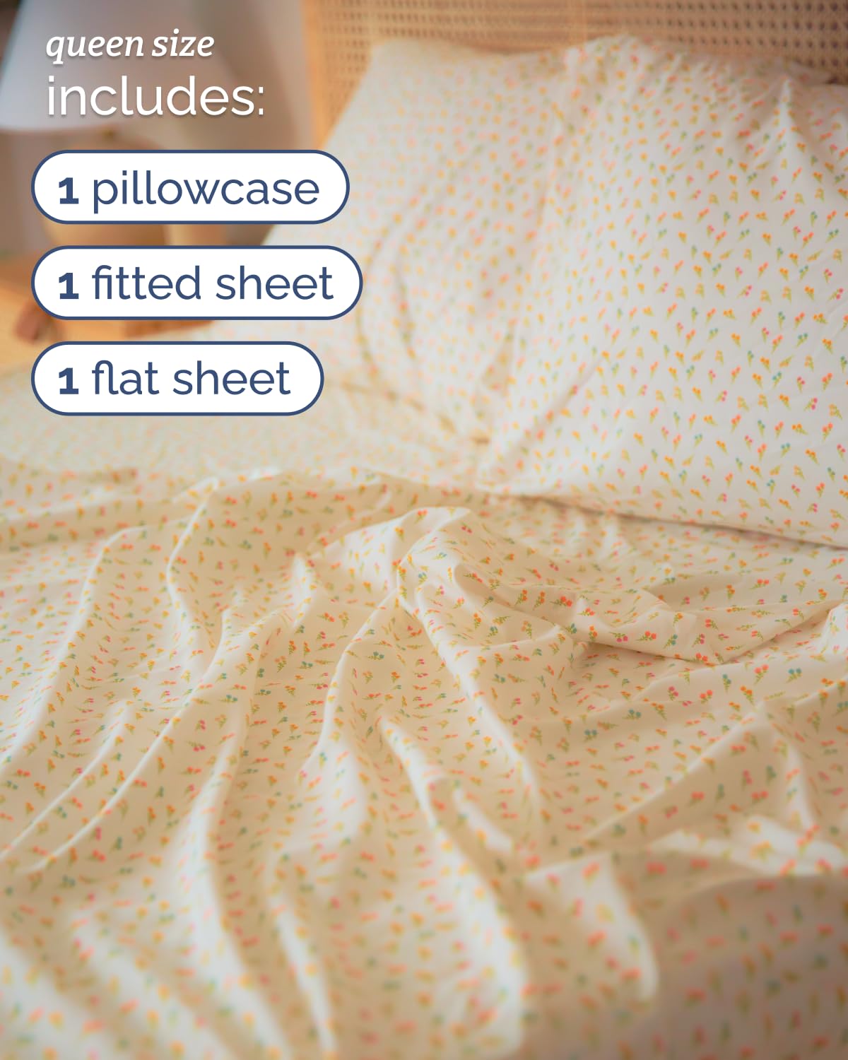 Floral Sheets - Flower Print Bed Sheet Set - 1 Flat, 1 Fitted & 2 Pillowcases w/ Deep Pockets - Comfy, Cozy, Wrinkle & Fade-Free - Boho Botanical Bedding - Soft, Breathable & Cooling - Queen Size Set