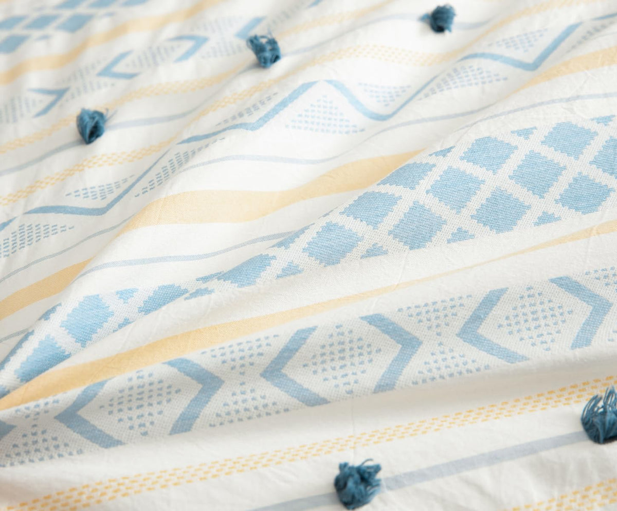 SLEEPBELLA Washed Double Layer Muslin 100% Cotton Comforter Set Queen Size, Yellow Blue Boho Fluffy Thick Checked Bedding Set, Soft Breathable (1 Comforter, 2 Pillow Shams)