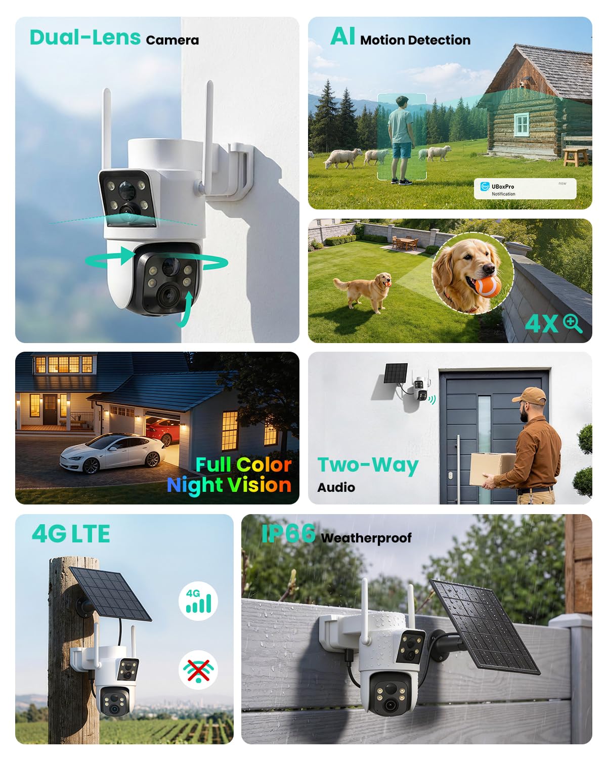 LIWAN 4G LTE Cellular Security Camera Wireless Outdoor, No WiFi Dual Lens, 360° PTZ & Fixed Dual Lens, 2K Color Night Vision, PIR Human Detection, IP66 Weatherproof, 2-Way Audio, Built-in SIM Card
