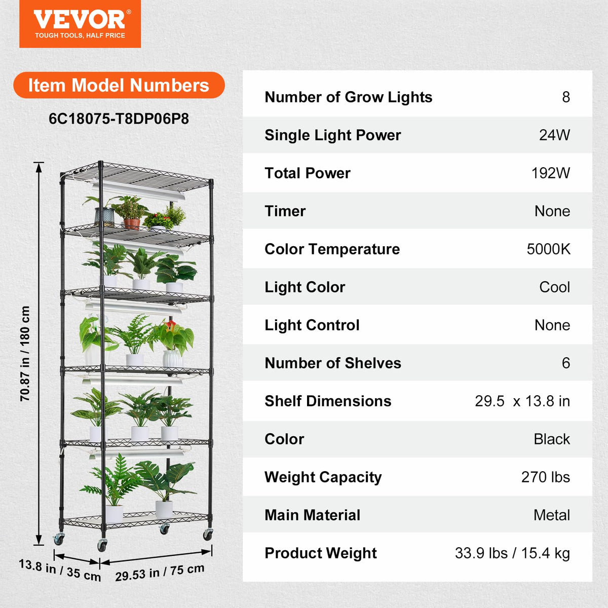 VEVOR DIY Plant Stand with Grow Light, 6-Tier Large Tall Plant Shelf with 192W 5000K Full Spectrum Grow Lights, Indoor Grow Light Shelf with Wheels for Seed Starting 29.5" L x 13.8" W x 70.9" H