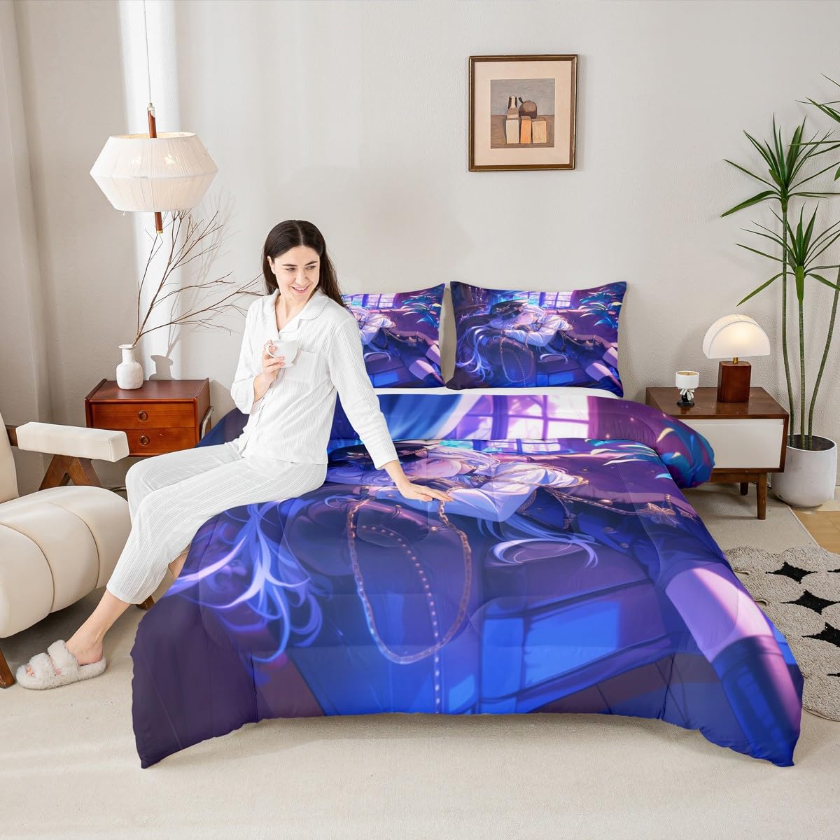 Erosebridal Anime Girl Comforter Set Twin Size Japanese Anime Bedding Set for Kids Boys Teens Women Bedroom Decor, Cartoon Girl Down Comforter Japanese Animation Kawaii Quilt, Purple