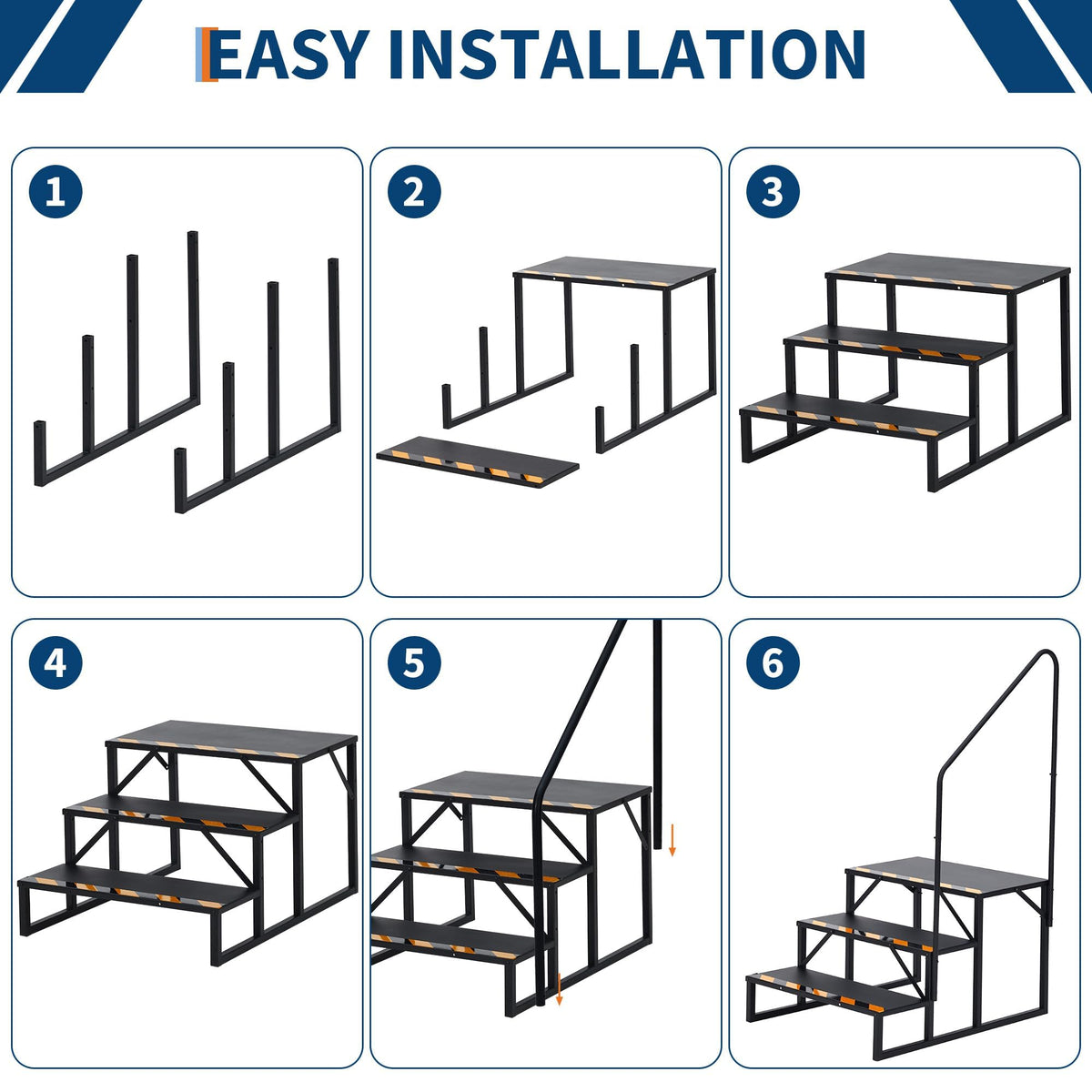 CuisinSmart 3 Step RV Stairs with Handrail - Portable Hot Tub Steps & Outdoor Ladder for Camper, Trailer, Mobile Home | Non-Slip Tread