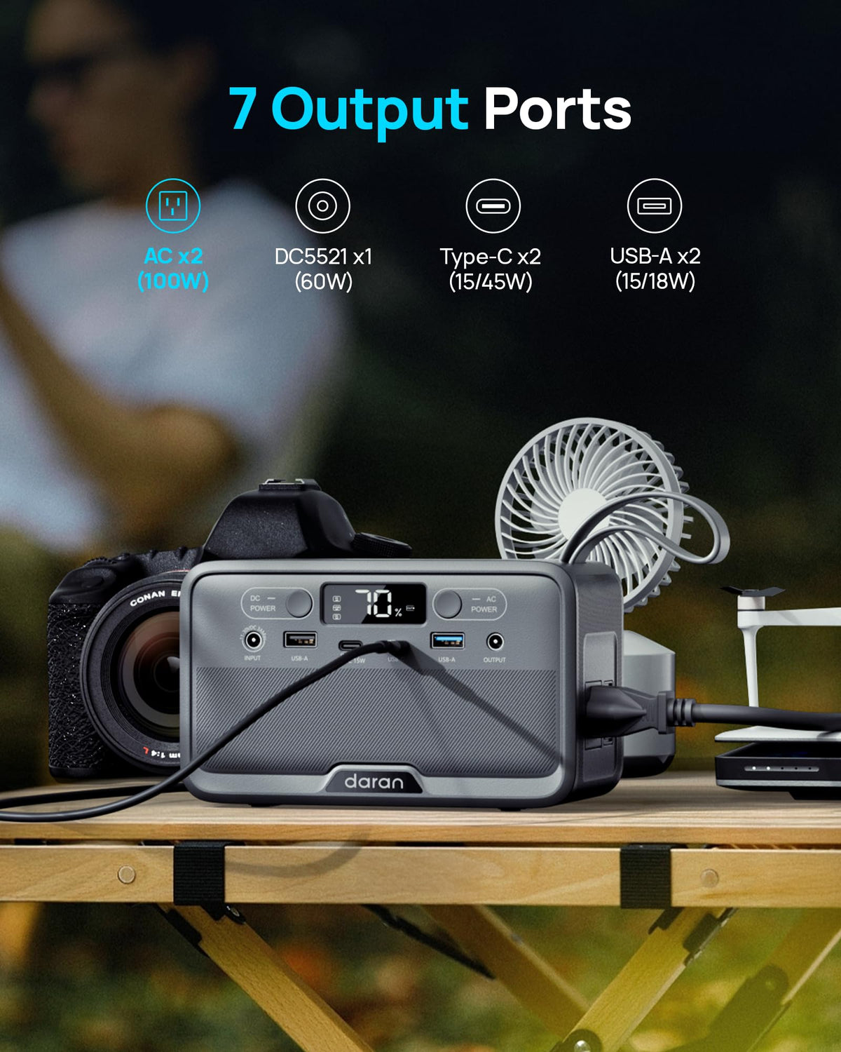 DARAN Portable Power Station, Ultra-Light 100W 89.6Wh Backup Battery with USB-C Fast Charge, AC/Solar Recharge, Perfect for Camping Gear, Phones, GoPro, Lights & Emergency Use