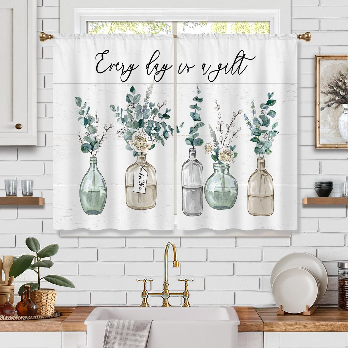 Cizuug Eucalyptus Bottles Plant Kitchen Curtains Green Leaf BotanicalSage Small Short Cafe Window Curtains Farmhouse Rustic Floral Vase Bathroom Tier Window Treatment Drapes 2 Panels