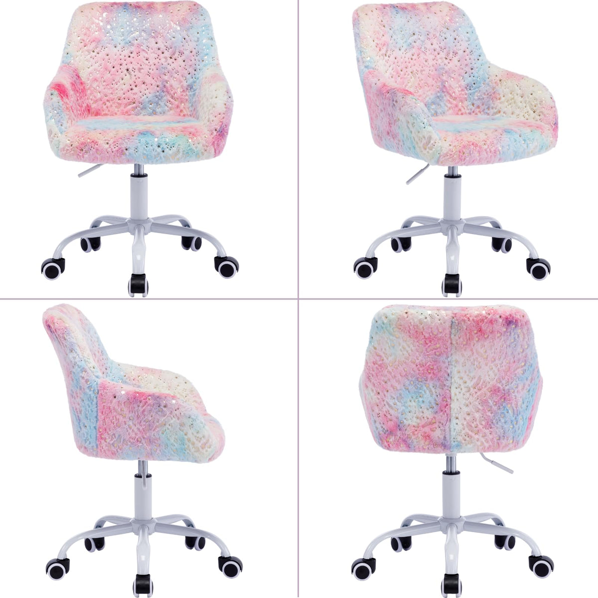 Ya-Home Kids Desk Chair Cute Swivel Reading Chair, Upholstered Adjustable Faux Fur Study Chair with White Wheels for Reading Room Bedroom, Colorful
