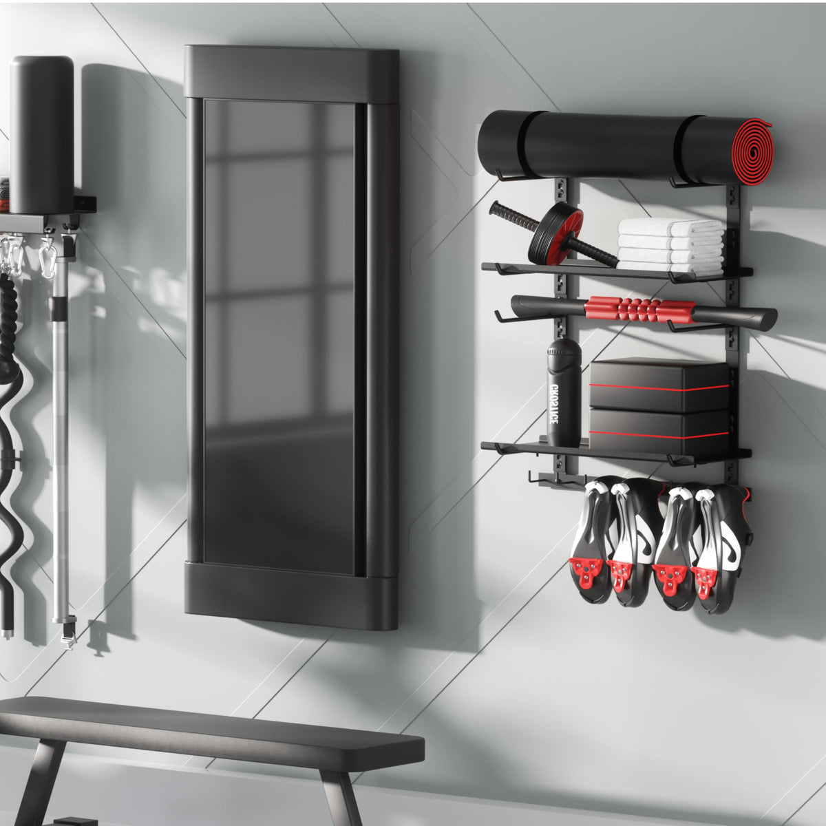 Home Gym Storage Shelf Only, Adjustable Gym Equipment Organizer Wall Mounted with 2 Boards, Yoga Mat Holder, Storage Rack Compatible with Peloton Shoes & Mat, Shelf for Home Training Accessories