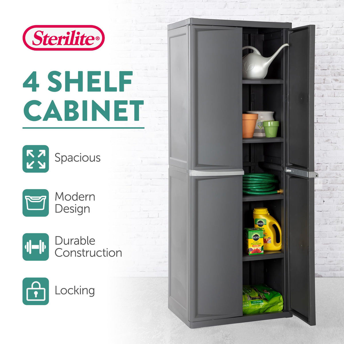 Sterilite 4 Shelf Cabinet, Heavy Duty and Easy to Assemble Plastic Storage Unit, Organize Bins in the Garage, Basement, Attic, Mudroom, Gray, 1-pack