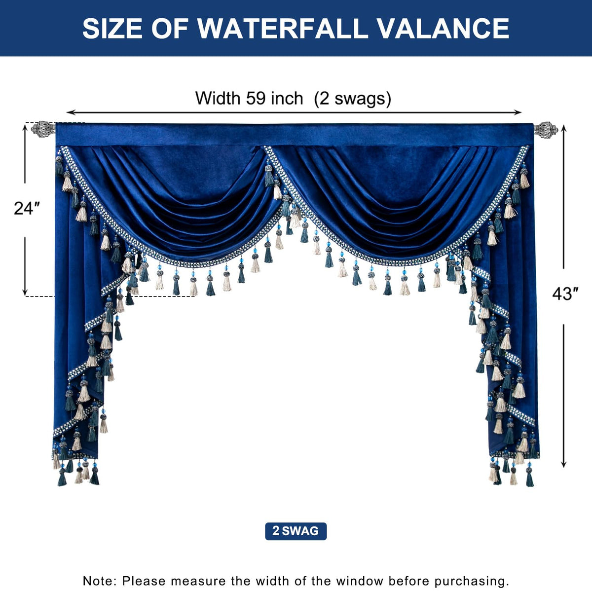 VOGOL Blue Velvet Waterfall Valance, Decorative Swag Curtains for Living Room & Guest Room Windows, 59 Inch Wide Rod Pocket, 1 Panel