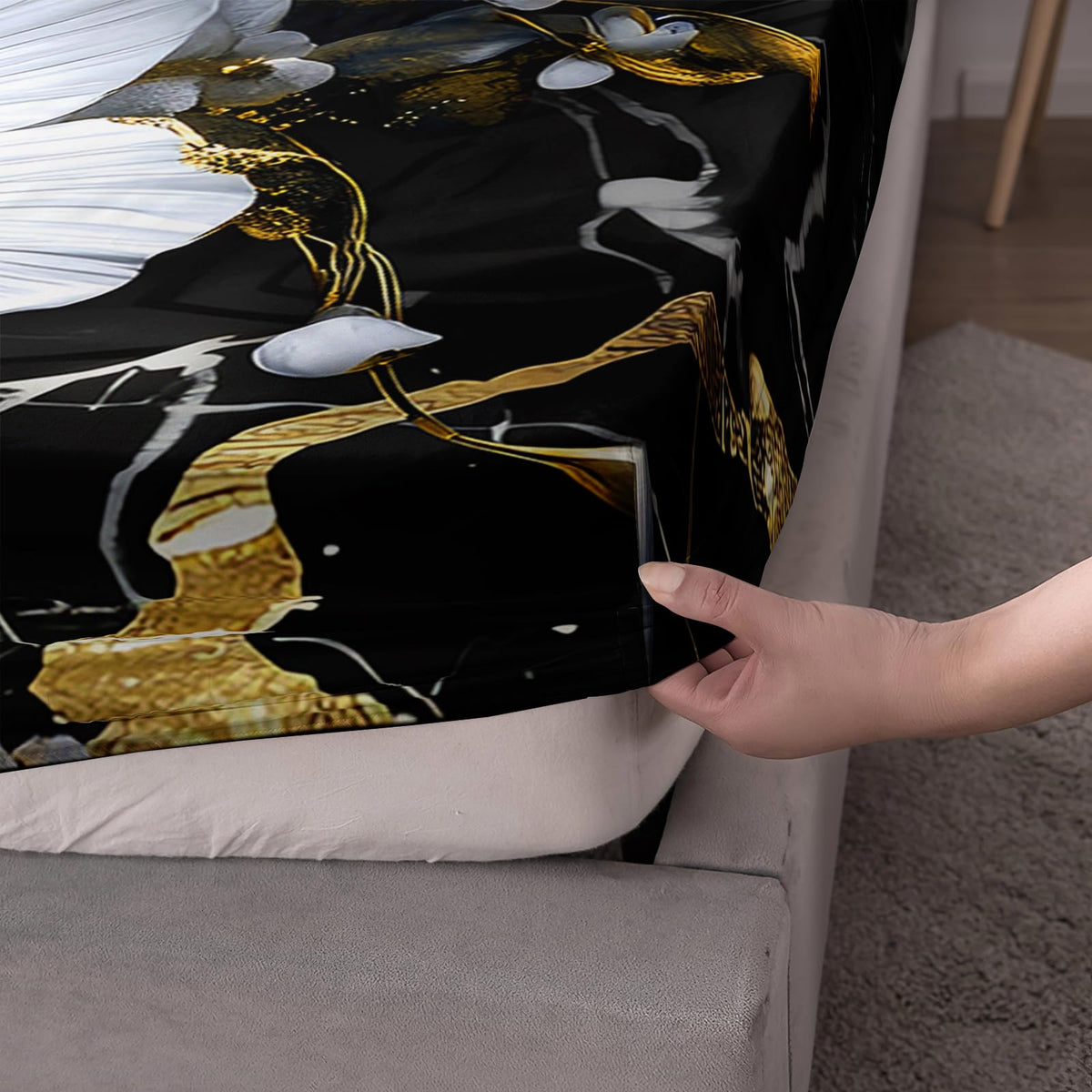 AILONEN Black and White Floral Fitted Sheet Set Queen Size, 3D White Flower Bedding Set for Kids Teends Adults,Marble Style Bed Sheet Set,1 Fitted Sheet and 2 Pillowcases,3Pcs