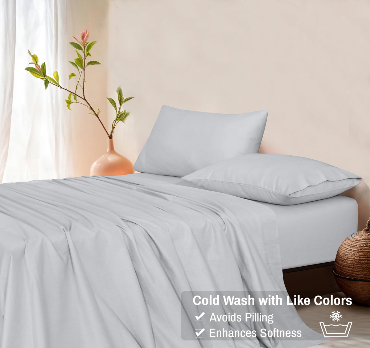 RUVANTI Flannel Sheets Queen Size - GOTS Certified 100% Organic Cotton, 4 Piece Warm, Soft & Breathable Set, Deep Pocket Snug Fit, Double Brushed Cozy All Season Bedding, Light Grey