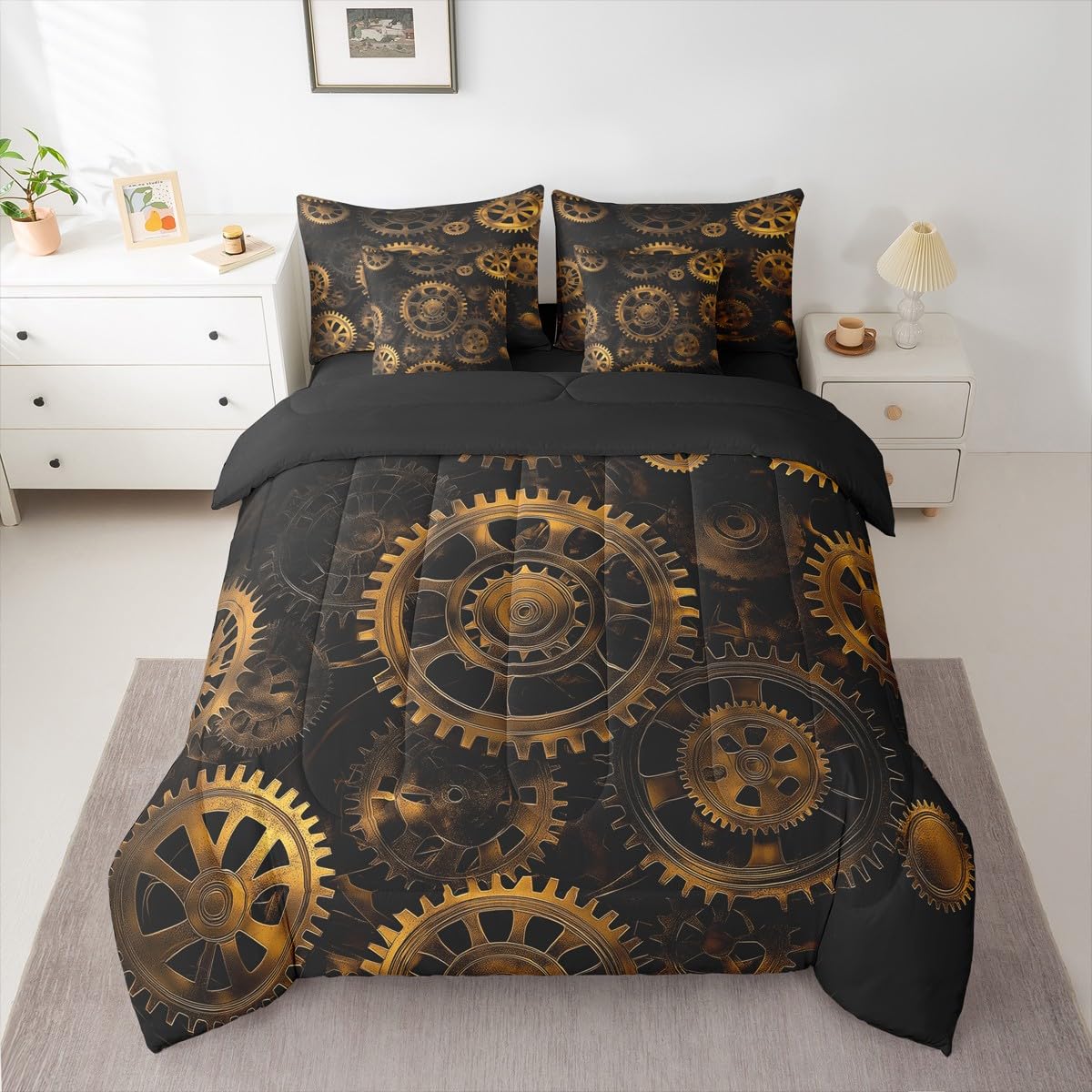 Erosebridal Golden Ndustrial Gear Full Comforter Set, Steampunk Style 7-Piece Bed in A Bag, Clocks Theme Sheets and Pillowcases, Retro Mechanical Device Kids Adult Bed Sets