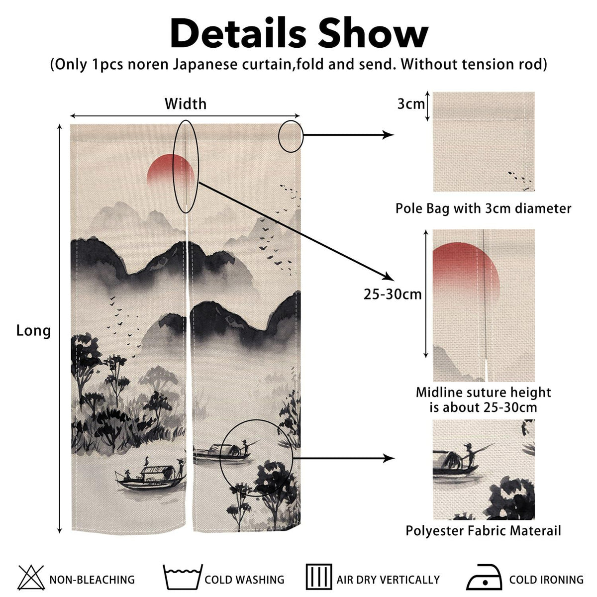 Leowefowa Chinese Ink Painting Doorway Curtain Mountain Boat Door Trapestry Feng Shui Window Treatment Hanging Japanese Noren Bedroom Divider Kitchen Door Asian Home Decor, 33.5"x 70.9"