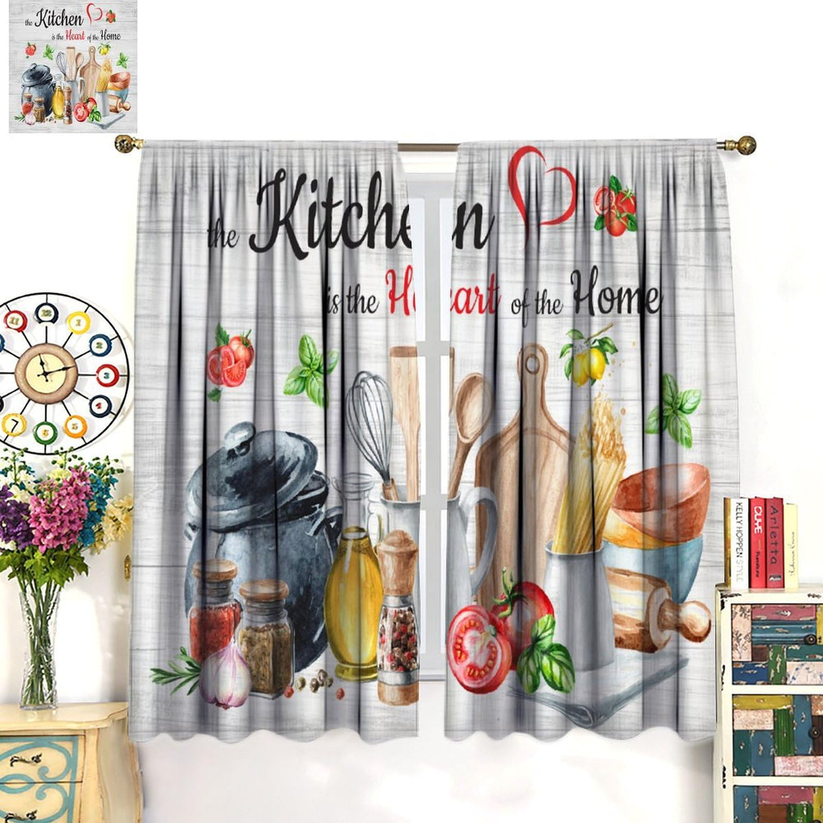 Focusbrite Rustic Kitchen Curtains, Vintage Farmhouse Country Fresh Vegetables Funny Quotes Window Drapes for Bedroom Living Room Kitchen Set 2 Panels,42x45 Inches