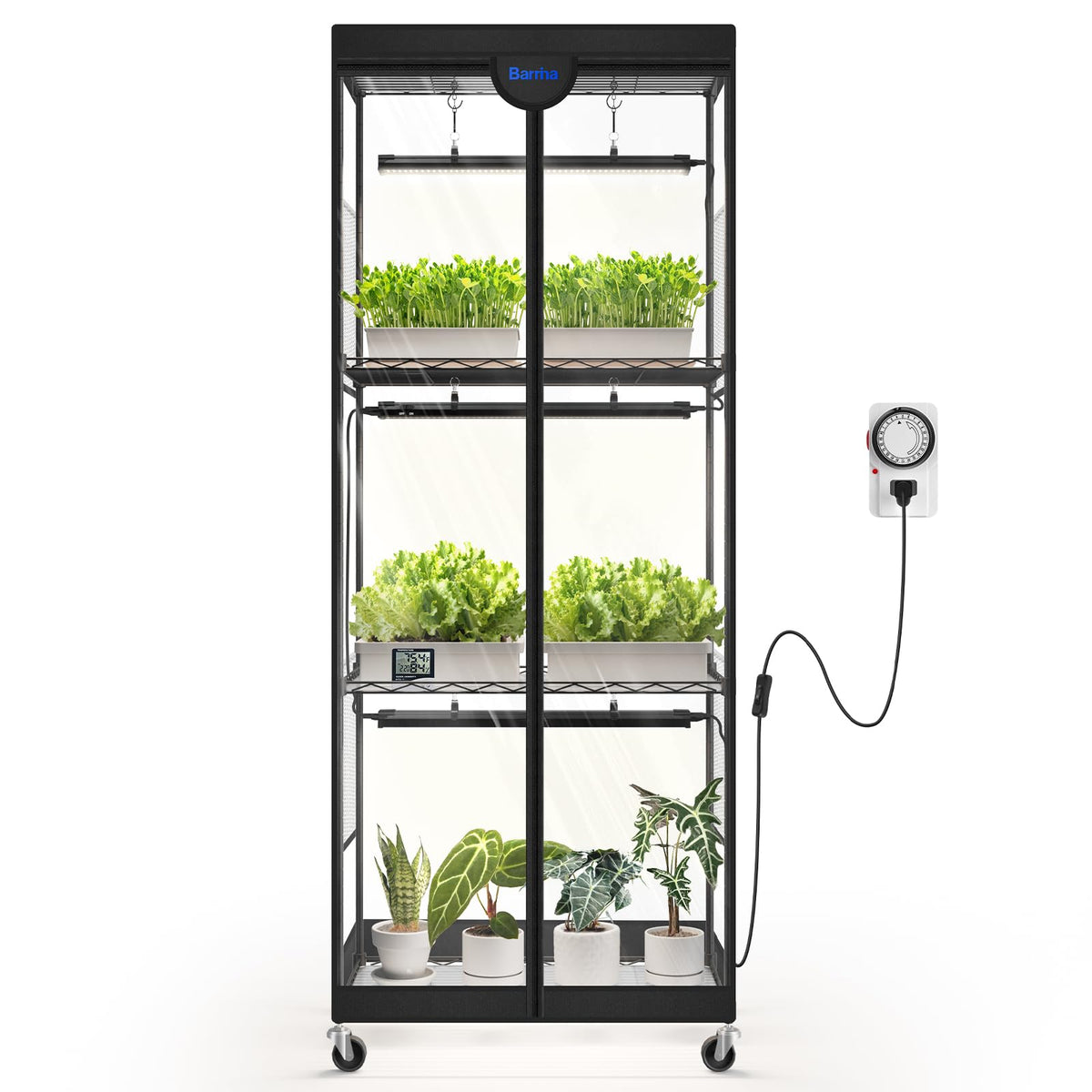 Barrina LP600 Indoor Greenhouse with Grow Light, 75W TX-S25 1.6FT 5000K, 4-Tier Plant Stand with Full Spectrum Lights, Plant Shelf with Tent, Timer & Thermometer for Seed Trays,Growth,23.6x13.8x59.1IN