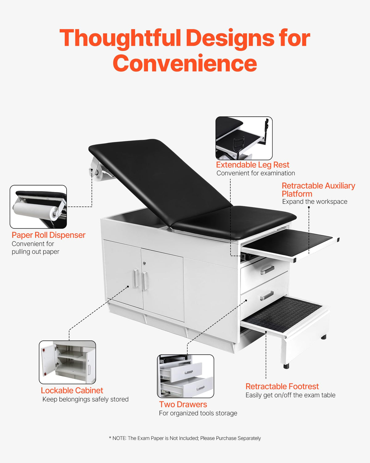 VEVOR Pro Medical Exam Table, Medical Examination Bed with Adjustable Backrest, Physical Therapy Exam Table with Locking Cabinet, 2 Drawers, Paper Roll Dispenser, Step Stool & Leg Rest, 500LBS Loading