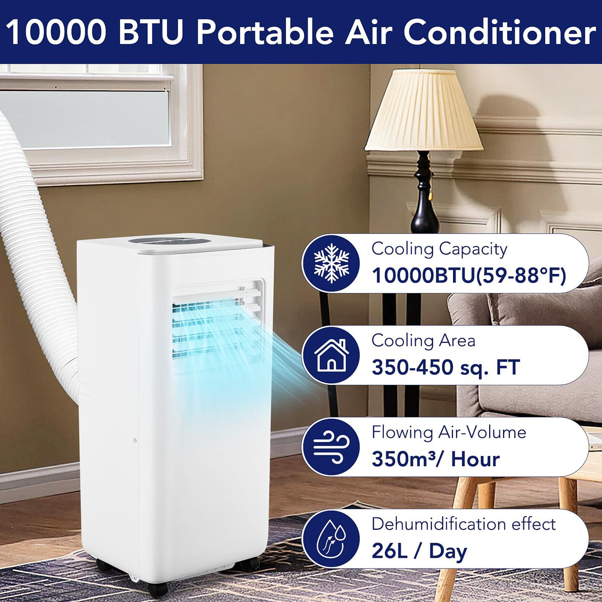 10000 BTU Portable Air Conditioners with Remote Control, 3 in-1 Free Standing Cooling AC Unit with Dehumidifier Fan Function, Cools Room up 450 Sq. Ft, Auto Swing, Sleep Mode, 24H Timer