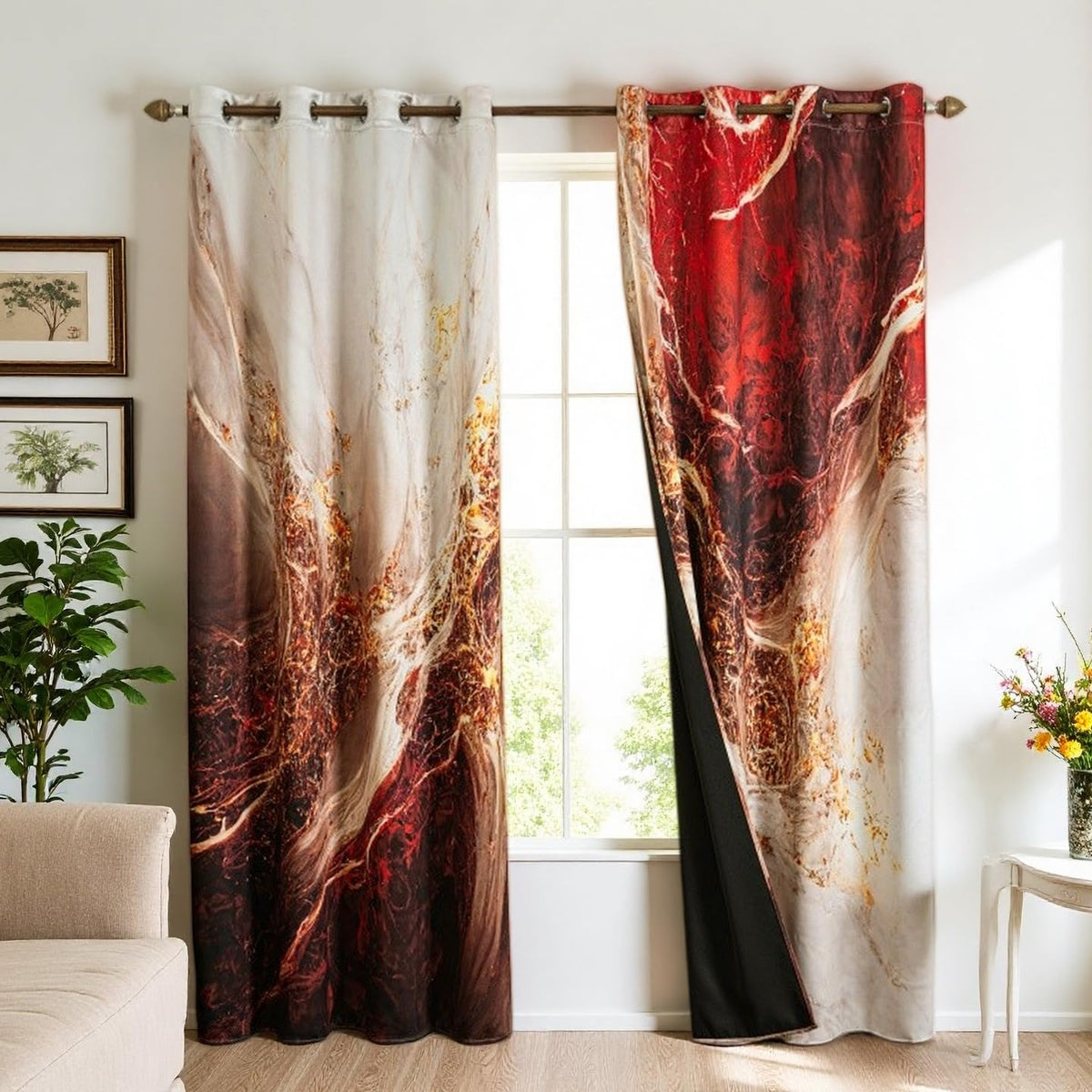 Marble 100% Blackout Curtains for Bedroom 84 inch Long 2 Panels Set Red Gold Marble Texture Veins Modern Abstract Black Out Curtains Insulated Room Darkening Window Drapes for Living Room, 42Wx84L