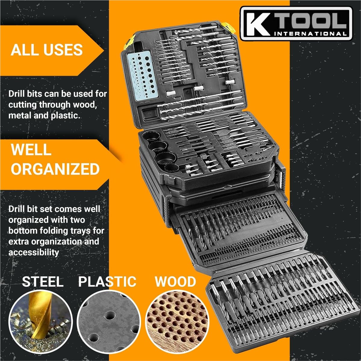 K Tool International 10330 Drill Bit and Accessory Set, 326 Piece Bit Kit, Folding Storage Case, Portable Carry System, for Shop, Garage, and Jobsite Use, Metal, Wood, and Plastic