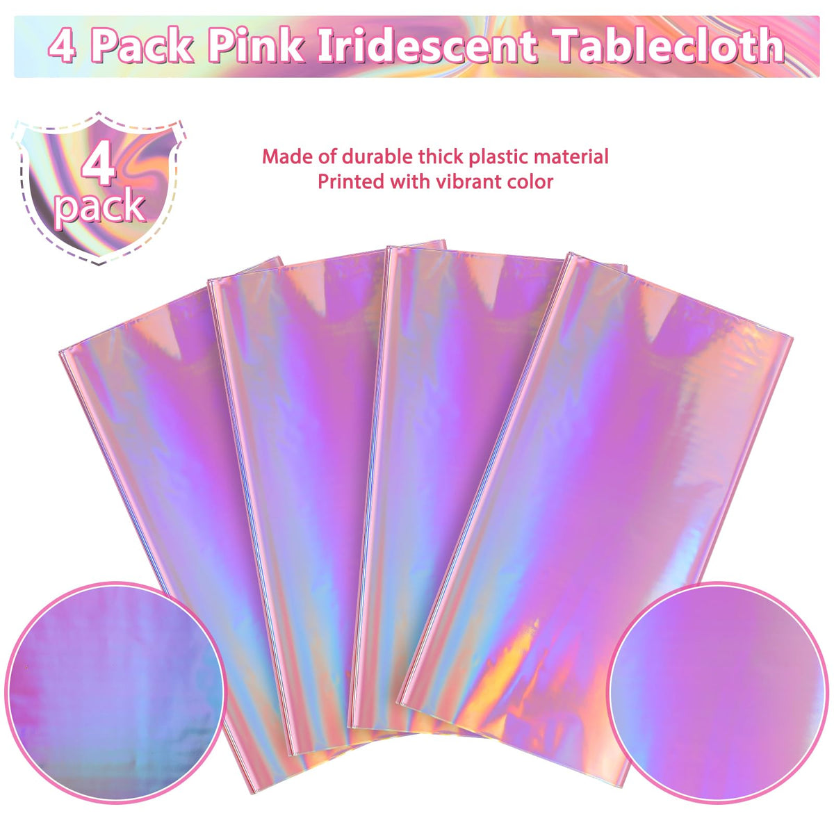 4 Pack Iridescent Pink Plastic Tablecloths, FunnyPars Shiny Disposable Laser Rectangle Table Covers, Holographic Foil Tablecloth Iridescent Party Decorations for Kpop Birthday Wedding Xmas, 54x108Inch