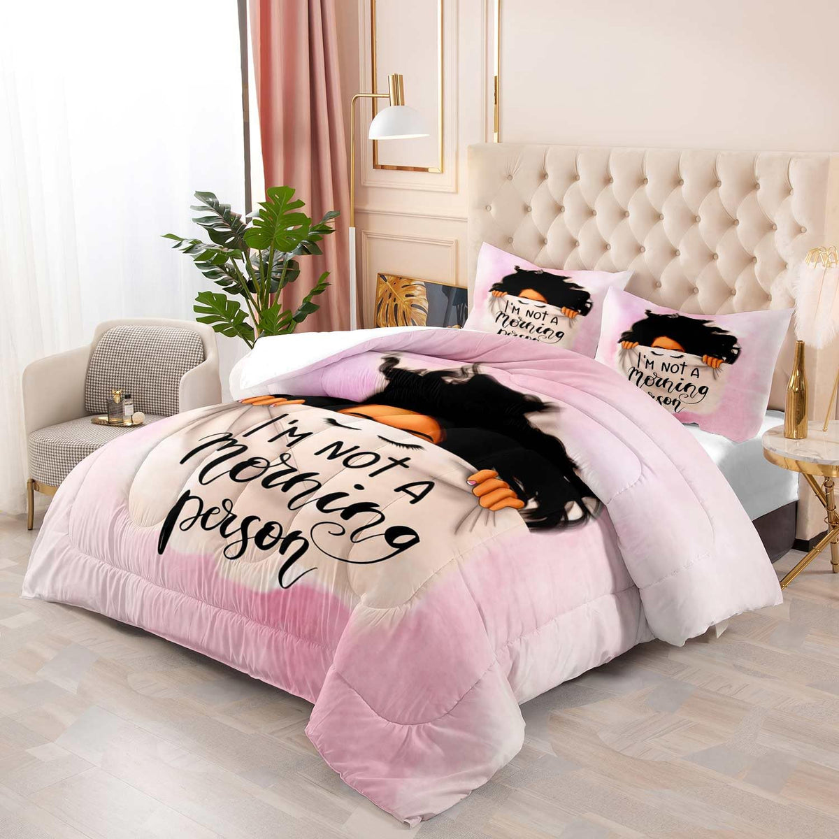 LUVIVIHOME 3PCS African American Black Girl Comforter Set King Size, Black Girl Magic Bedding, I'm Not A Morning Person Funny Gifts for Women Girls Kids, Soft Microfiber Pink Quilt, 2 Pillow Cases