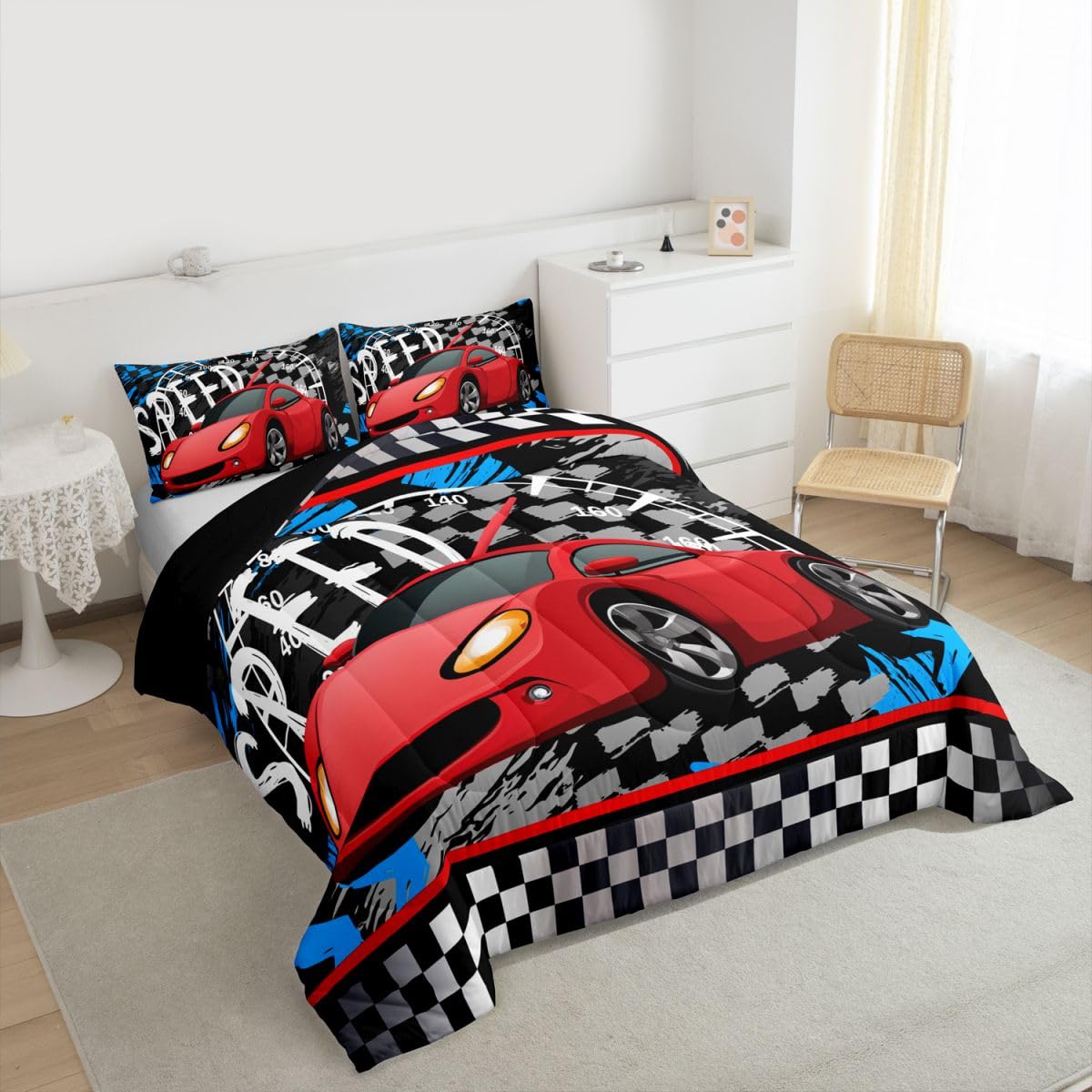 Feelyou Boys Race Car Bedding Set Cool Race Sports Car Set Comforter Set for Kids Boys Sports Theme Duvet Set Checkered Comforter Red 1 Comforter Set with 1 Pillowcase Twin Size