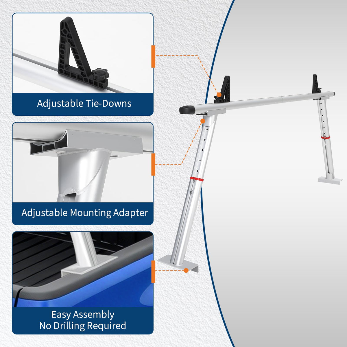 Heavy-Duty 800 LBS Aluminum Truck Ladder Rack, Adjustable 35.4–71 in Pickup Bed Cargo System with Drilling Mount for Lumber, Kayak, Surfboard & Work Equipment - Silver