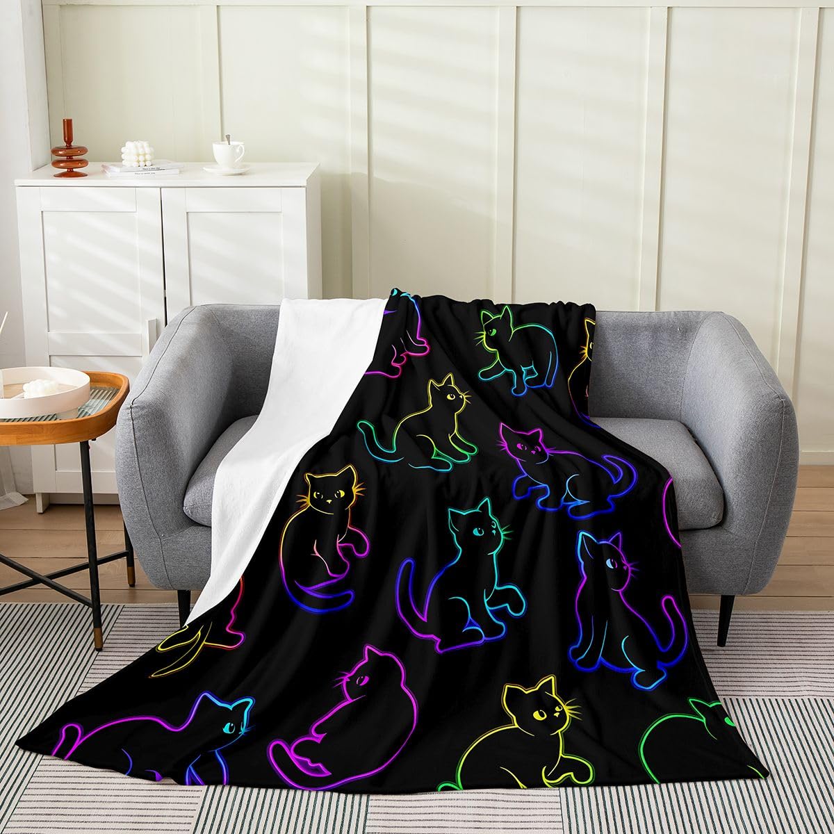 Feelyou Cat Flannel Fleece Throw Blanket Halloween Themed 40"x50" Trick or Treat Fleece Throw Blanket for Kids Women Men Scaredy Cat for Bed Couch Chair Living Room Cute Kitten Bedroom Decor