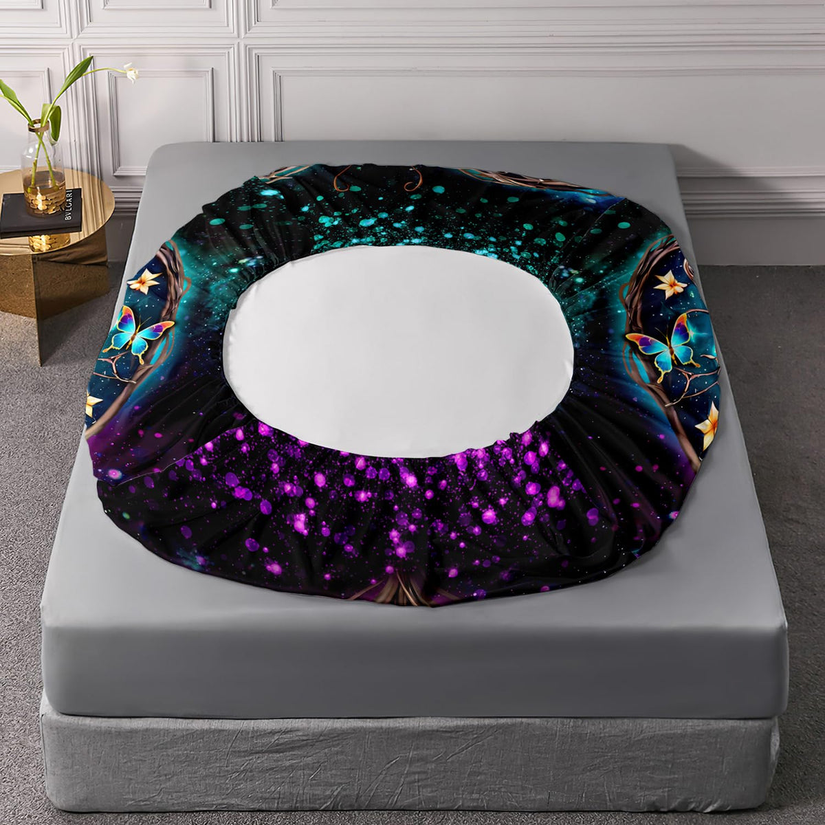 UEVBF Aesthetic Butterfly Bedding Twin Fitted Sheet,Romantic Love Flower Glitter Bed Fitted Sheet for Kids Teens Girls Room Decor,Blue Butterfly Fitted Sheet Sets,1 Fitted Sheet+2 Pillowcases.