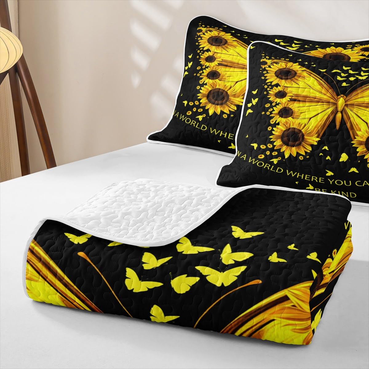 Erosebridal Girl Sunflower Quilt Set Women Butterfly Quilt Queen Blossom Floral Quilted Bedspread Rustic Farmhouse Bedding Coverlet with 2 Pillowcases