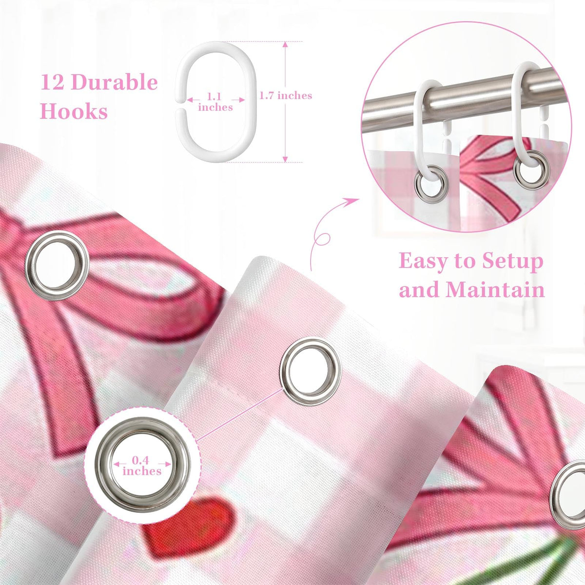 Cosovia Bow Shower Curtain with Scalloped, Pink Cherry Checkered Washable Waterproof Shower Curtains for Bathroom Decor with 12 Hooks, 72x72 Inch