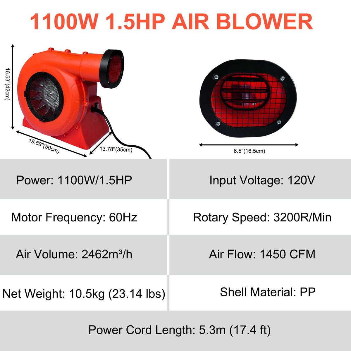 GONFLABLE Air Blower, 1100Watt/1.5HP Powerful Bounce House Blower, Portable Fan Pump Commercial for Large Inflatables, Water Slides, Castle, Jump Slides, Holiday Decorations