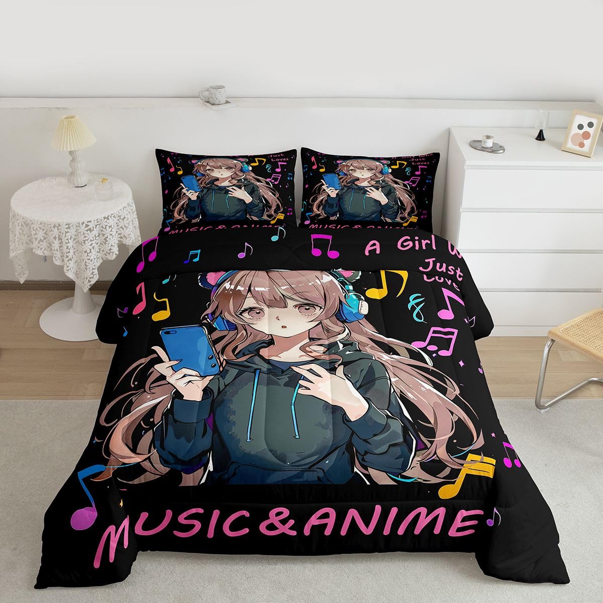 Erosebridal Pink Anime Girl Full Bedding Set,Music Note Comforter Set Anime Gifts for Kids Teen Girls,Musical Themed Quilt Bed Set Japanese Anime Bedding Comforter Sets,2 Pillowcases Room Decor